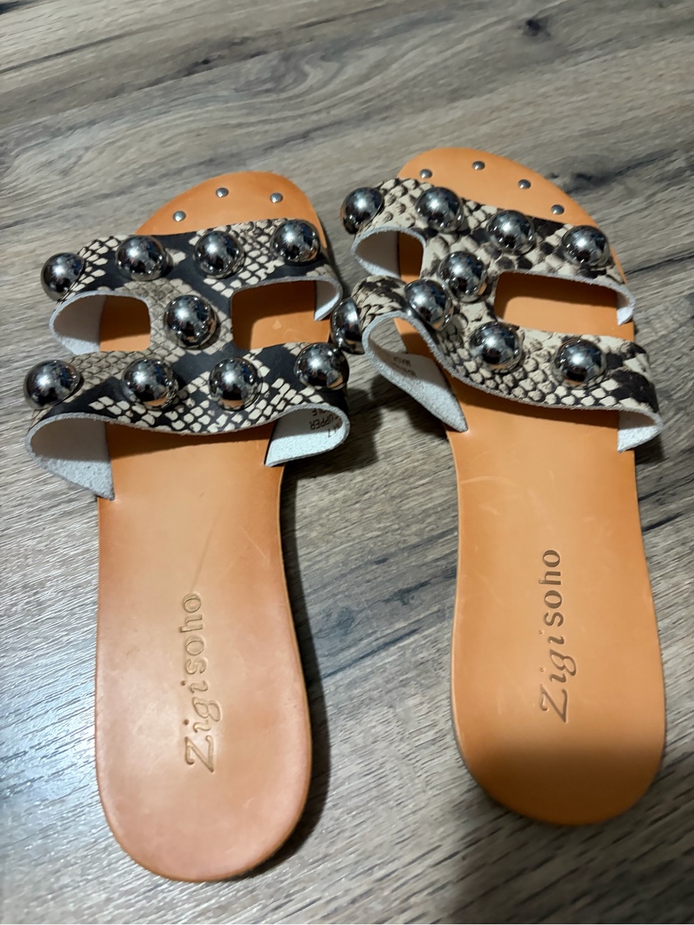 Zigi Soho Snake-Print Studded Slide Sandals in Tan and Black